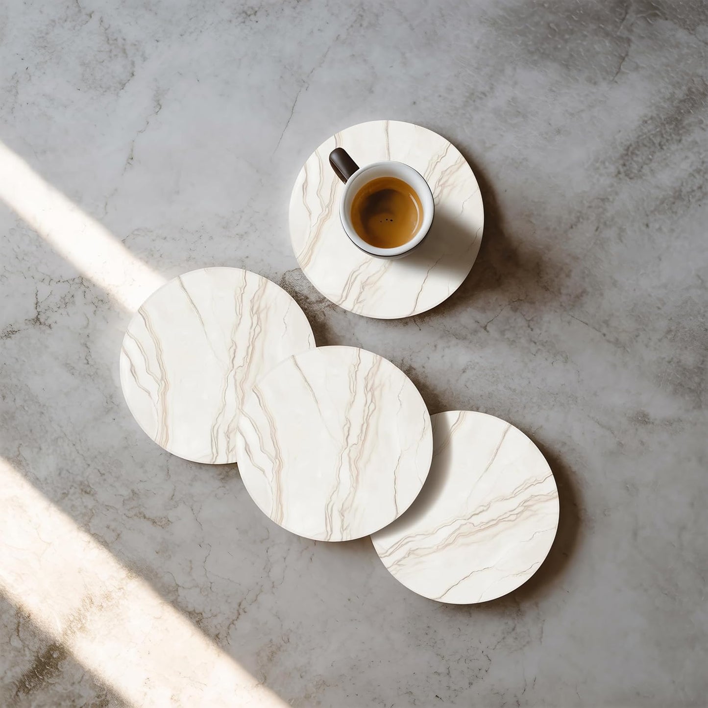 VEYRO Ceramic Coasters Set of 6 – Absorbent Stone Drink Coasters with Holder, Non-Slip Cork Backing, Modern Marble Look Coasters for Coffee Table, Desk & Home Decor