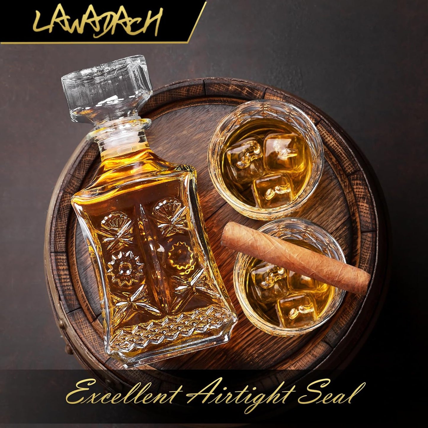 LAWADACH Whiskey Decanter for Men, Glass Liquor Decanter Set with 2 Whiskey Glasses, Decanter for Tequila,Bourbon, Scotch, Brandy and Vodka, Gift for Men, Ideal Home Bar Decor - 28oz