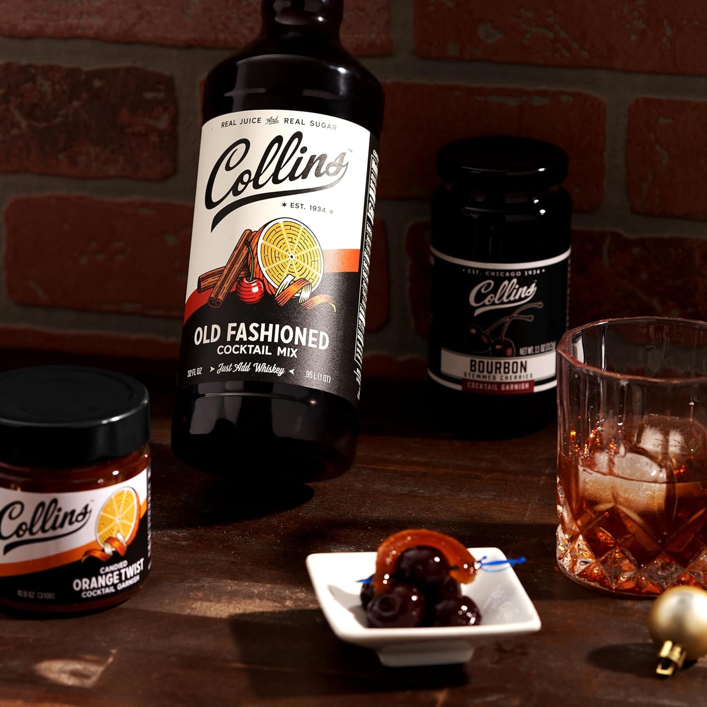 Collins Old Fashioned Kit, Cocktail Gift Set with Old Fashioned Mix, Bourbon Cherries, Candied Orange Garnish & Picks, Mixology Gift Set of 4 for Party Drinks, Holiday Celebrations and Christmas Gifts
