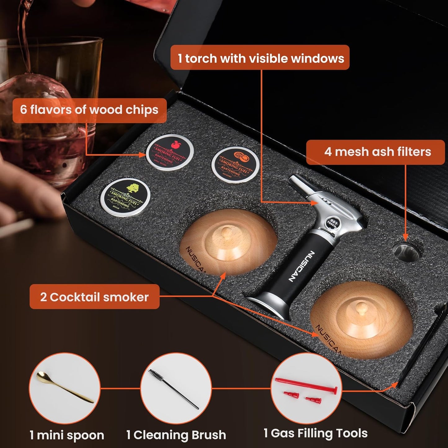 Cocktail Smoker Kit with Torch, 6 Flavors Wood Chips for Whiskey and Bourbon, Old Fashioned Smoker Kit for Infused Cocktail, Cheese, Salad and Meats, Gifts for Men, Dad and Boyfriend (No Butane)