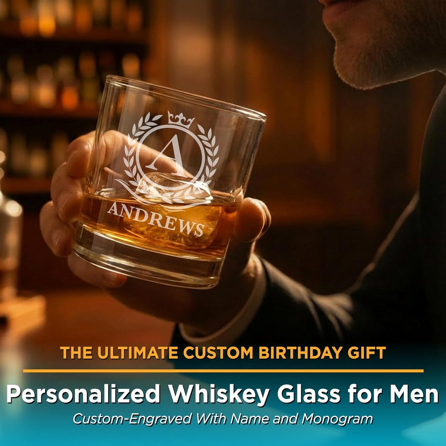 On The Rox Personalized Whiskey, Bourbon Glass Gifts for Men - 11 oz Engraved Name Monogram Scotch Tumbler Set of 4 - Customized Cocktail, Rocks, Brandy Glass Drinks