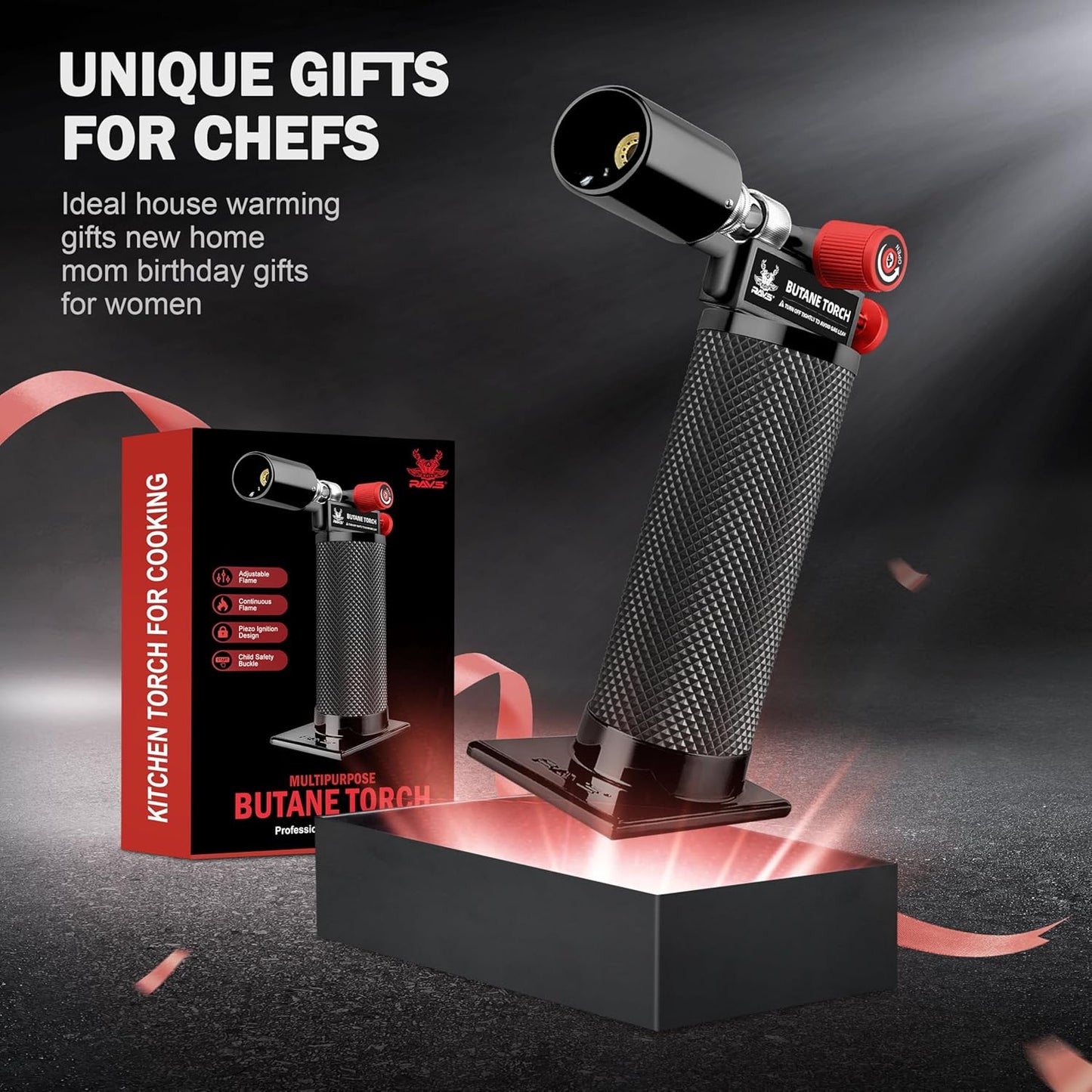 RAVS Butane torch, Kitchen Torch Lighter with Adjustable Flame & Safety Buckle, Creme Brulee Torch for Cooking, Dessert, Baking, Gifts for Men and Women (Black/Red), Butane Gas Not Included