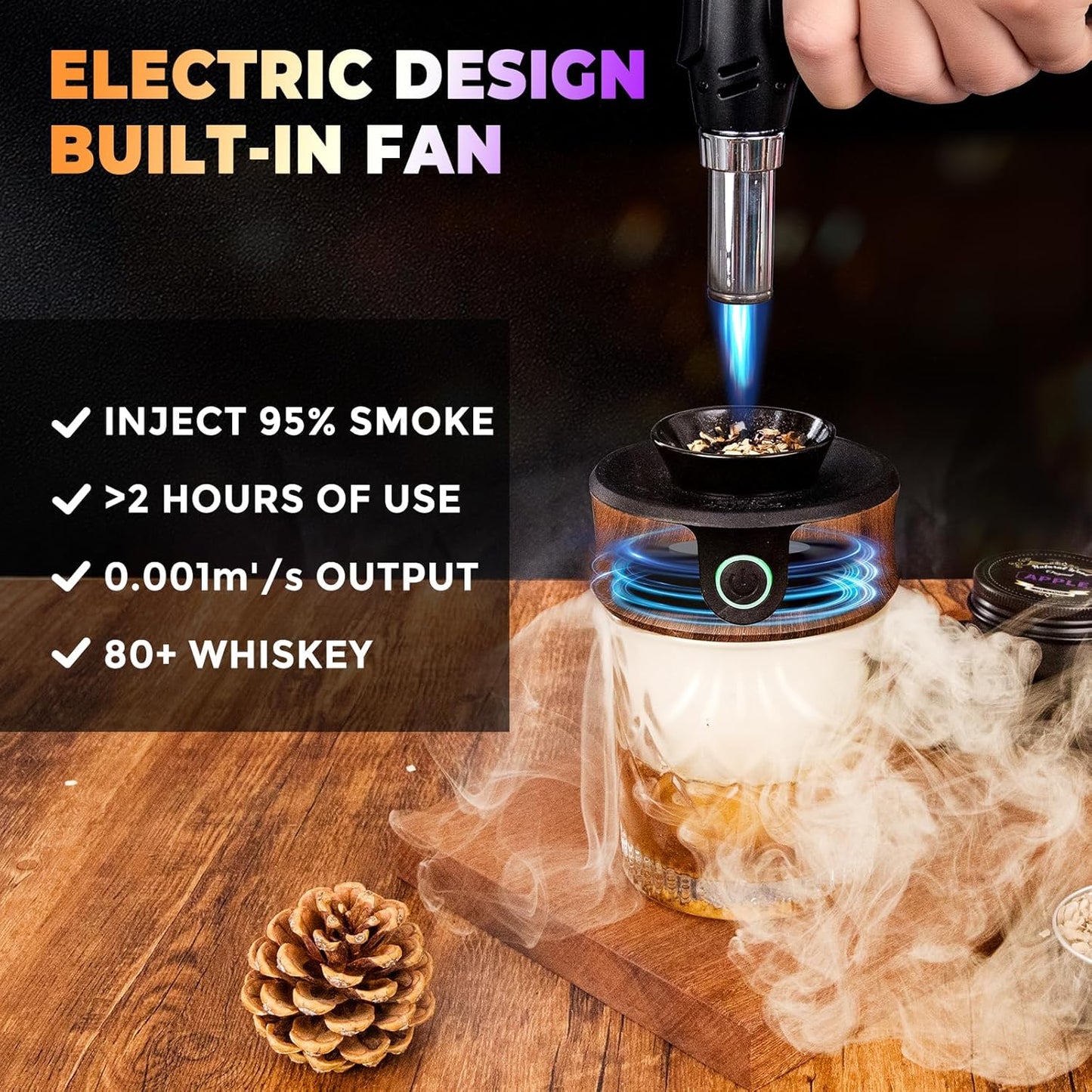 Electric Whiskey Smoker Kit, Luxurious Wooden Box, with 4 Wood Chips, Torch, Ice Molds, 2 Glasses, Stones, Old Fashioned Bourbon Cocktail Smoker Infuser Kit, Whiskey Gifts for Men, Husband (No Butane)