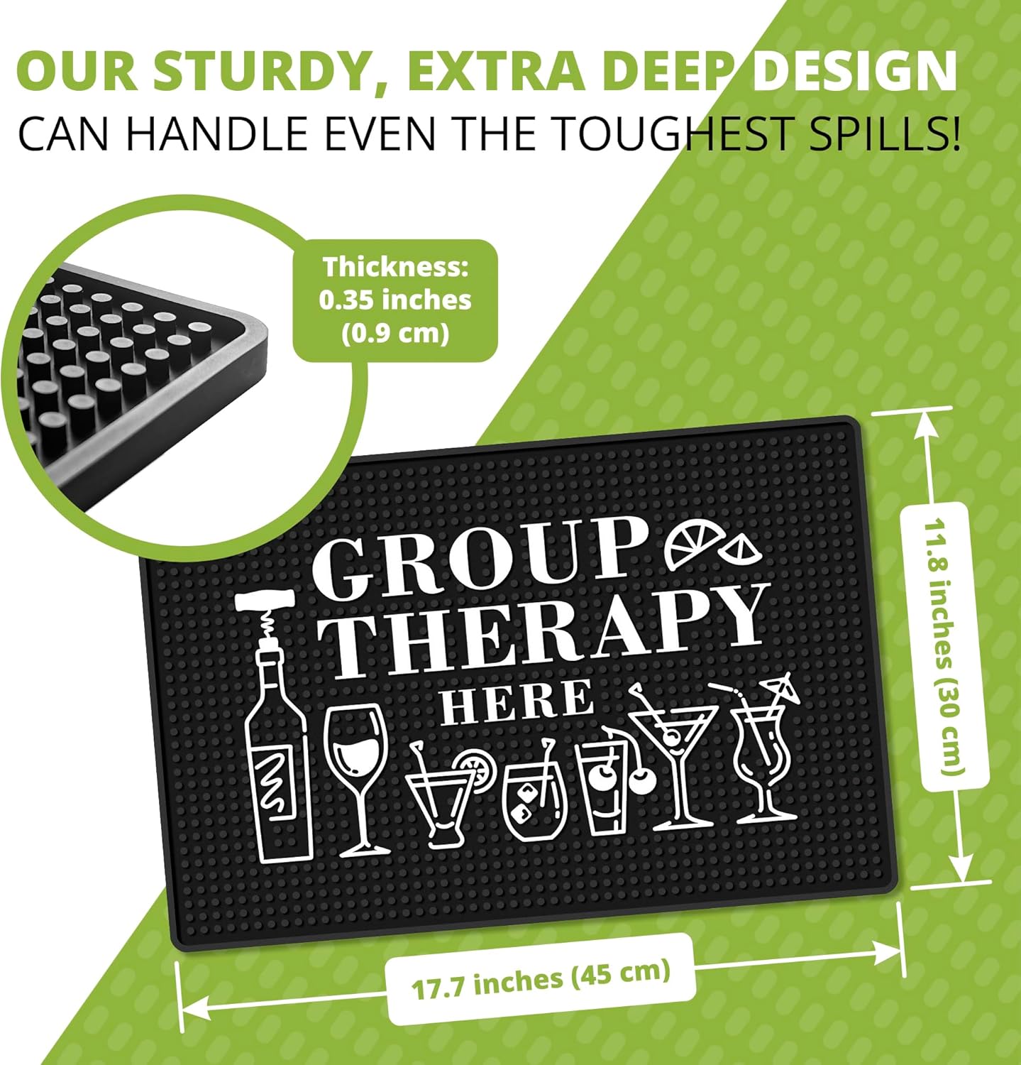 Group Therapy Bar Mat – Heavy Duty 18"x12" Rubber Bar Mats for Countertop, Non-Slip Bartender & Spill Mat for Home Bar, Funny Bar Gifts