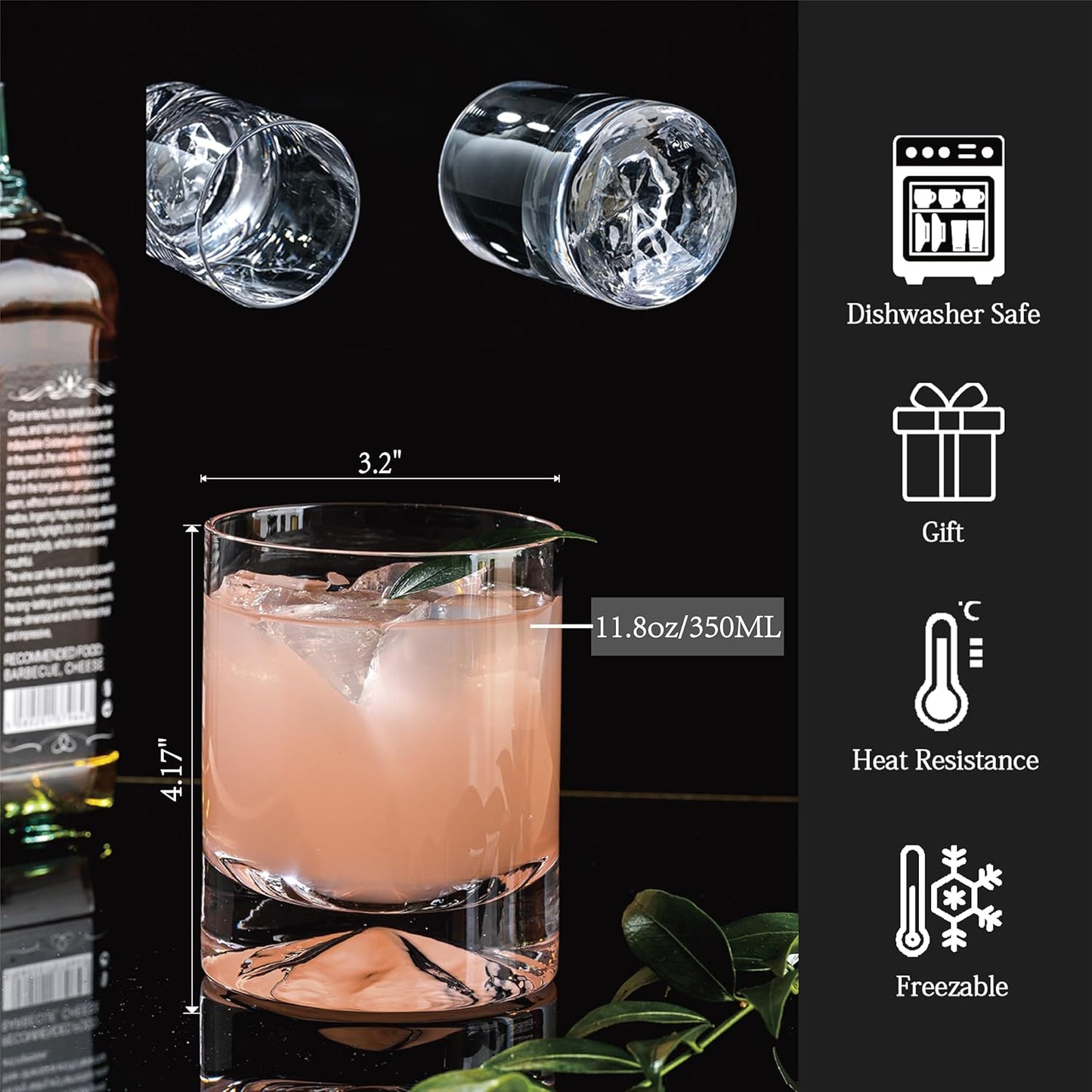 Hand Blown Crystal Whiskey Glasses Set of 2,12 oz Old Fashioned Cocktail Glasses,Lowball Rocks Glass,Unique Hexagonal Base for Bourbon,Scotch and Juice,Perfect for Oversized Ice Cubes
