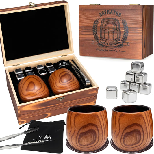 Charred Wooden Bourbon Drinking Glasses Set – Handcrafted Whiskey Cups with 8 Whiskey Stones – Great Whiskey Gifts for Men, Ideal Gift for Boyfriend, Dad, Husband & Friends
