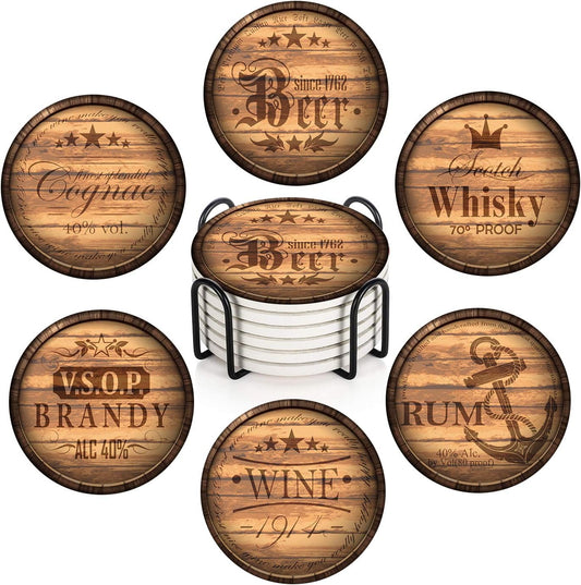 Britimes Set of 6 Coaster for Drinks Absorbent with Cork Base, Metal Holder, Wooden Texture Round Stone Drink Mat for Coffee Wood Table, Gift for Birthday, Farmhouse Housewarming Room Bar Decor
