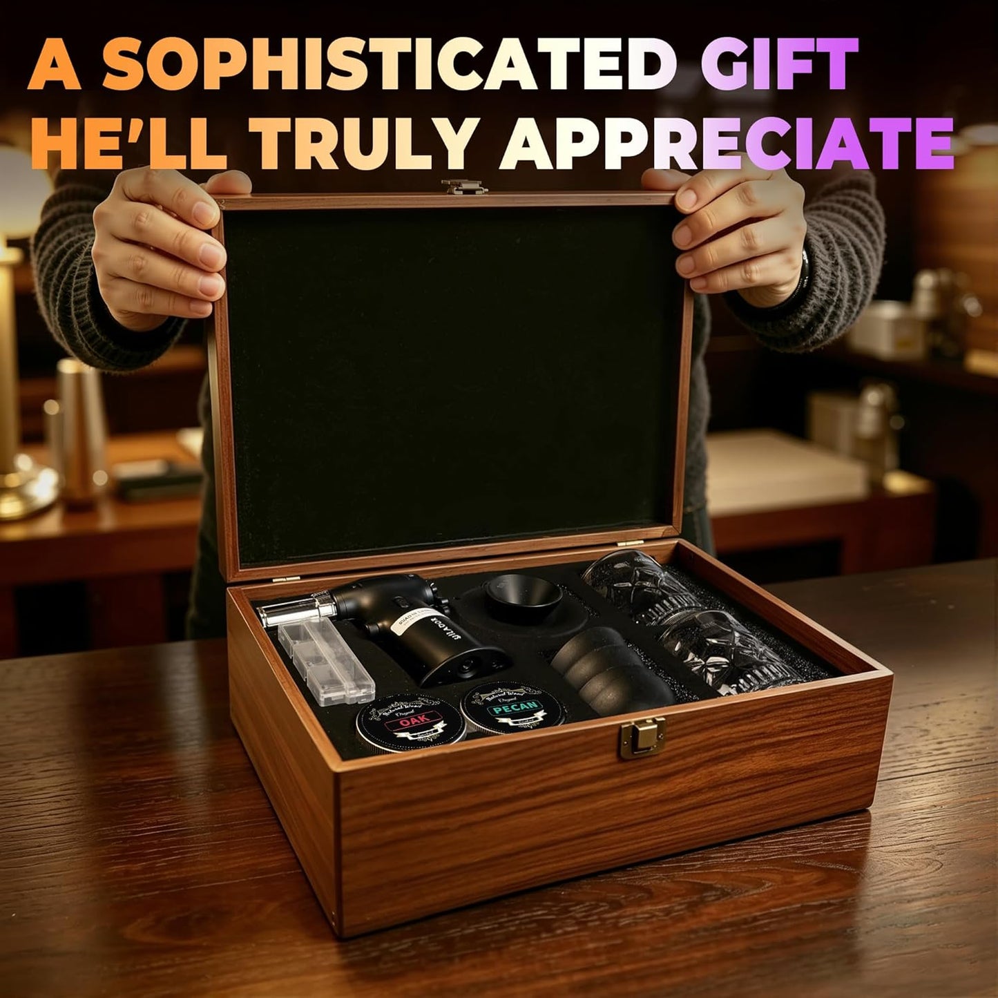 Electric Whiskey Smoker Kit, Luxurious Wooden Box, with 4 Wood Chips, Torch, Ice Molds, 2 Glasses, Stones, Old Fashioned Bourbon Cocktail Smoker Infuser Kit, Whiskey Gifts for Men, Husband (No Butane)