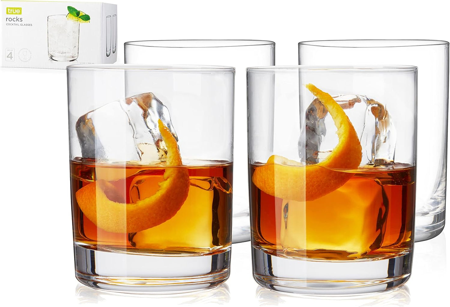 True Rocks Glass, Whiskey Tumblers, Old Fashioned Bourbon Scotch Brandy Rum Drinking Glasses, Whiskey Glasses Perfect for Wedding, Anniversary, Housewarming, Cocktail Party, Home Bars, 12 oz, Set of 4