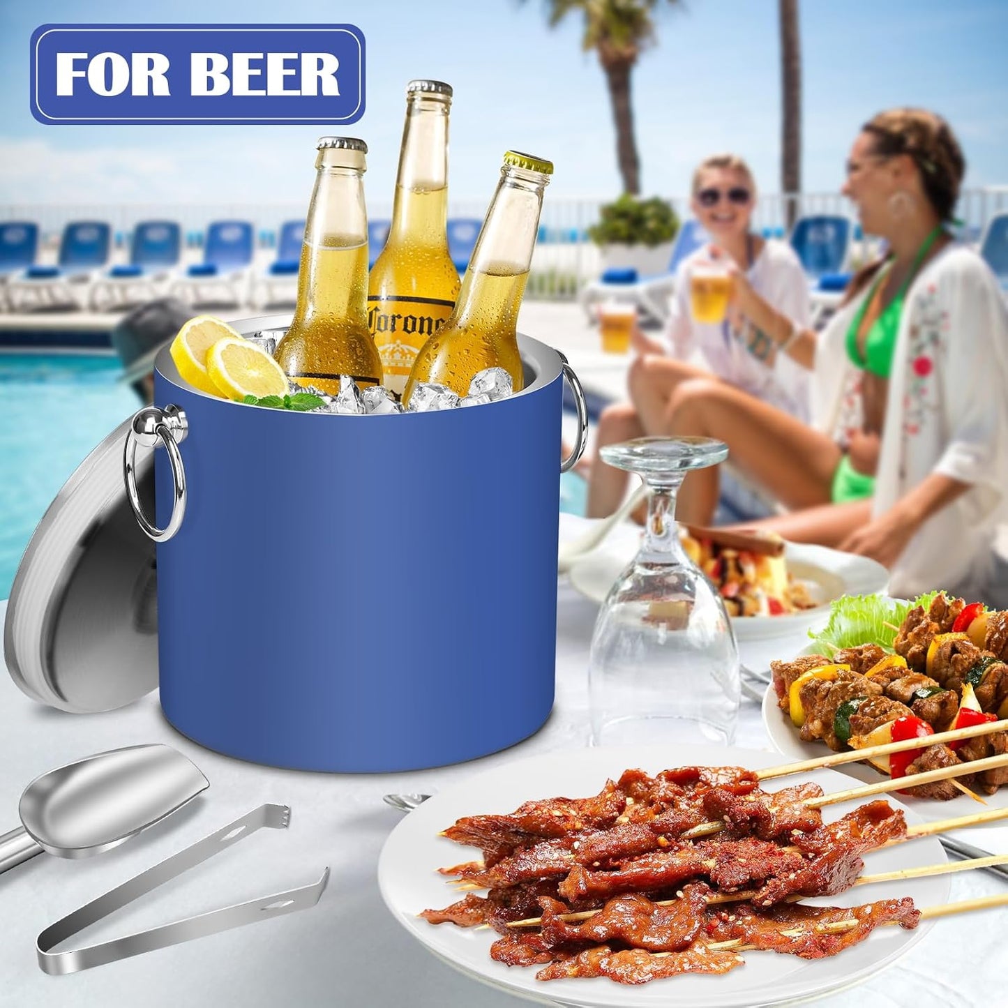 Ice Bucket with Lid & Tong- Well Made Insulated Stainless Steel Keep Ice Frozen Longer - Ideal for Cocktail Bar, Parties, Chilling Wine, Champagne - 3 Liter (Blue)