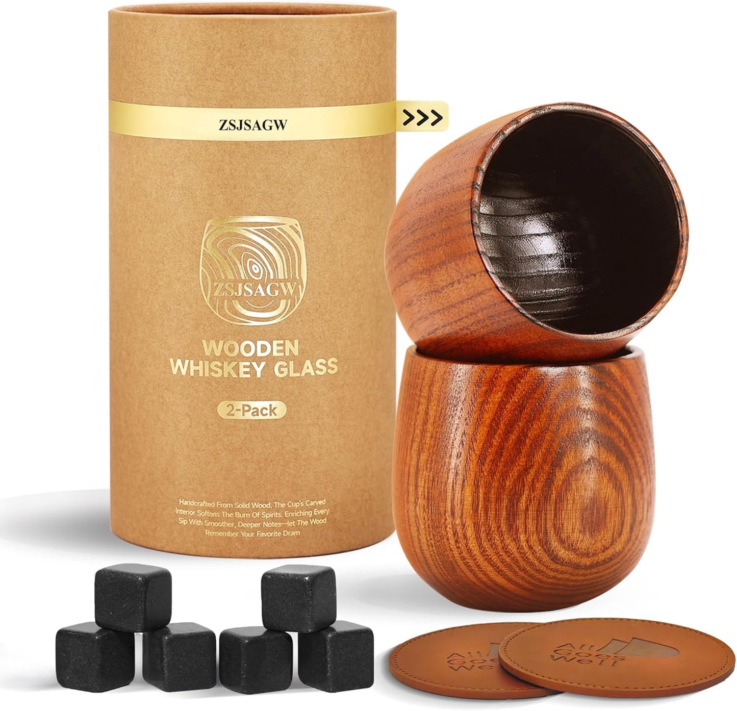 Charred Wooden Bourbon Glasses Set of 2 Whiskey Old Fashioned - Oak Tumblers with Stones & Coasters - Gifts for Men, Dad, Groomsmen, Brother & Whiskey Lovers