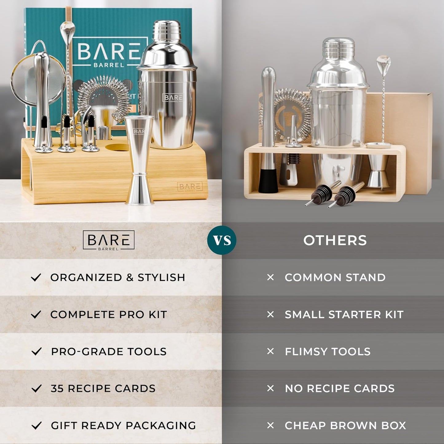 BARE BARREL® Mixology Bartender Kit Bar Set | 14-Piece Cocktail Shaker Set | Martini Barware Mixing Tools for Home Bartending | Incl. 35 Recipe Cards | Gift Set (24oz Cobbler Shaker, Silver/Natural)