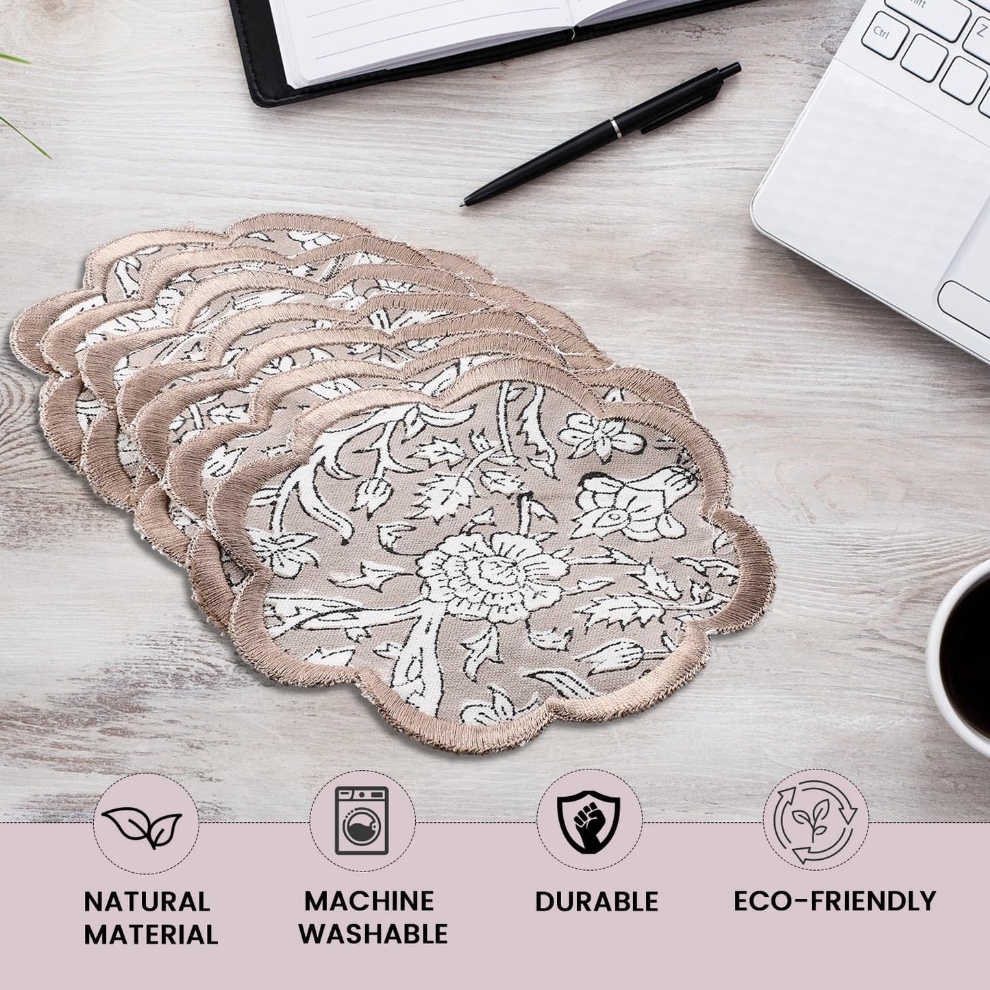 Ridhi Hand Block Print 8- pcs Canvas Cotton Drink Absorbent Stylish Embroidery Scallop Coaster Set Boho Modern Home Decor and Wooden Table Protection 5 inch Taupe