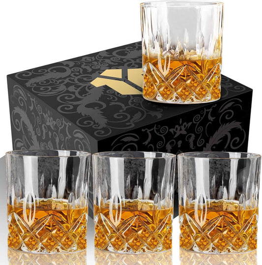 OPAYLY Whiskey Glasses Set of 4, Rocks Glasses, 10 oz Old Fashioned Tumblers for Drinking Scotch Bourbon Whisky Cocktail Cognac Vodka Gin Tequila Rum Liquor Rye Gift for Men Women at Home Bar