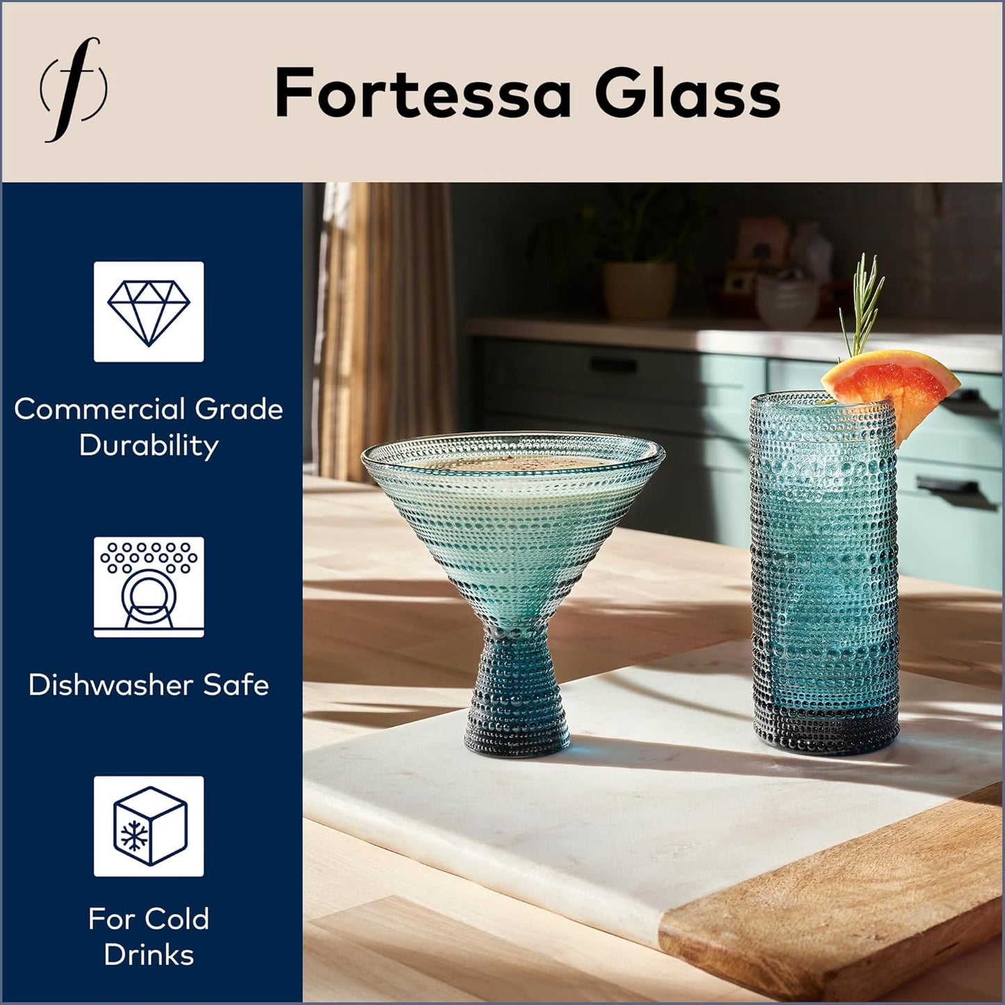 Fortessa Jupiter Beaded Hobnail Glass, 11.5 Ounce Martini (Set of 4), Cornflower Blue