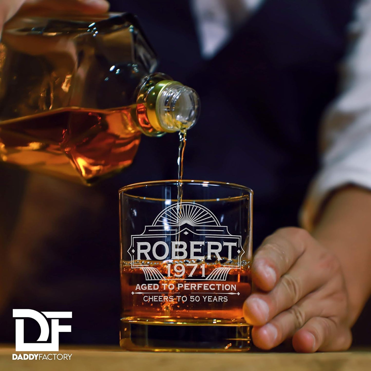 DaddyFactory Personalized Whiskey Glass For Men, Customized Engraved Etched Monogram Rocks Cocktail Glass, 10.25 oz Custom Whiskey Gift Glass Birthday Gift For Him, Aged To Perfection