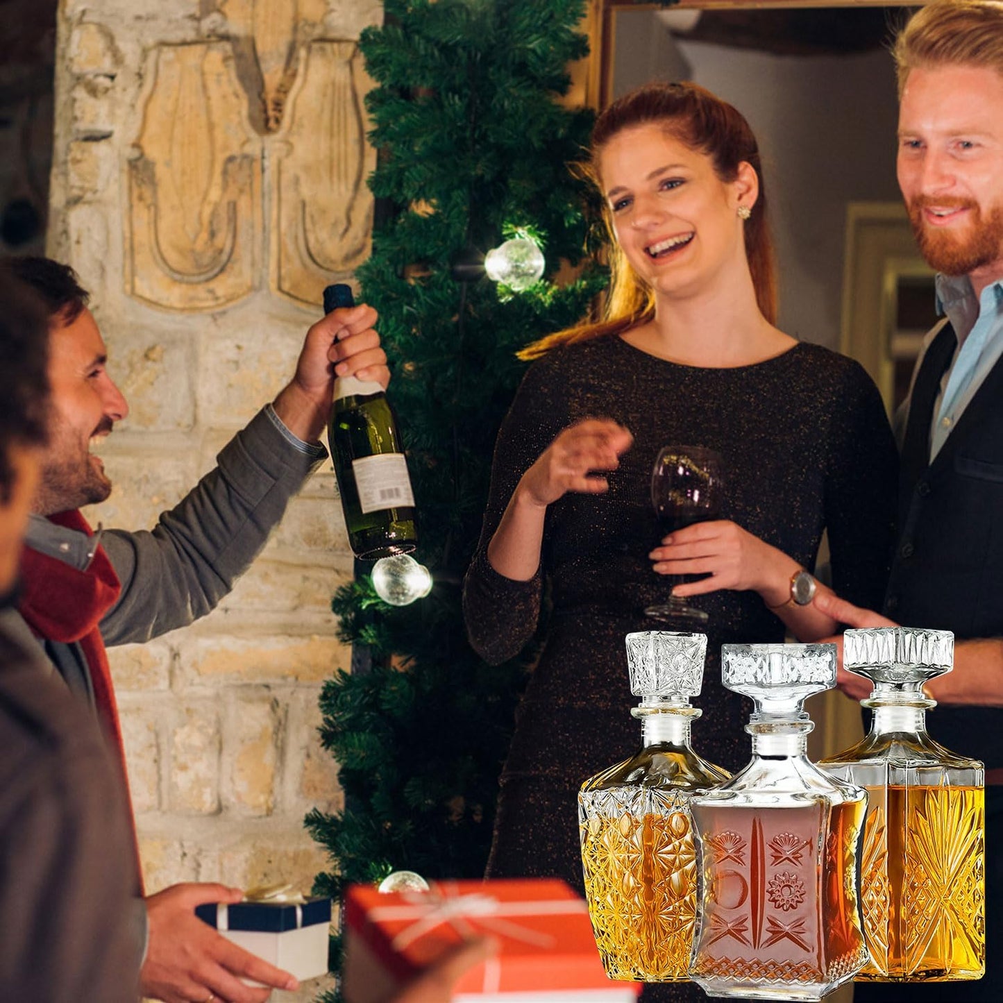 Whiskey Decanter Set of 3, Premium Crystal Spirits Decanter for Scotch, Bourbon, Vodka & Whisky, Ideal Barware & Gift for Men (28oz*2, 31oz*1)