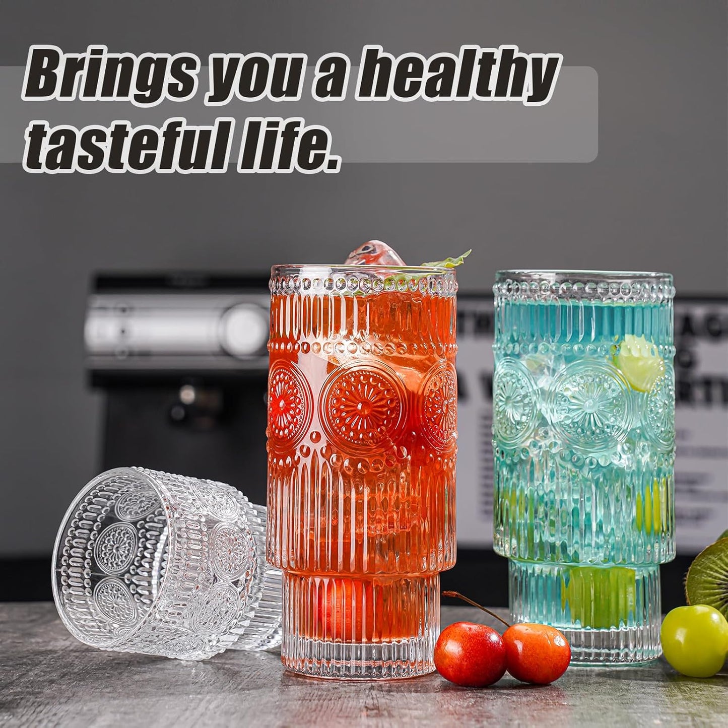 Embossed Designed Glasses, 8pcs Highball Glasses, 16oz Vintage Ribbed Striped Glassware for Cocktail, Whiskey, Juice
