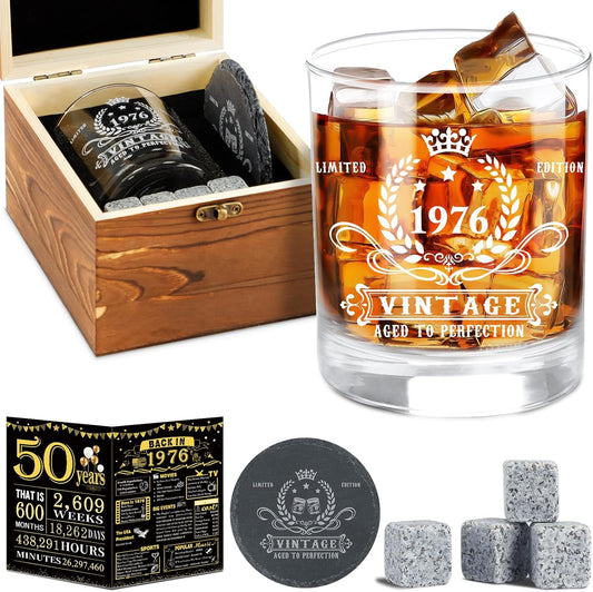 YeohJoy 50th Birthday Gifts for Men,Vintage 1976 Whiskey Glass Set,Wood Box & 1976 Poster Anniversary Card &Whiskey Coaster & Stones,Bday Gifts Ideas for Him, Dad, Husband