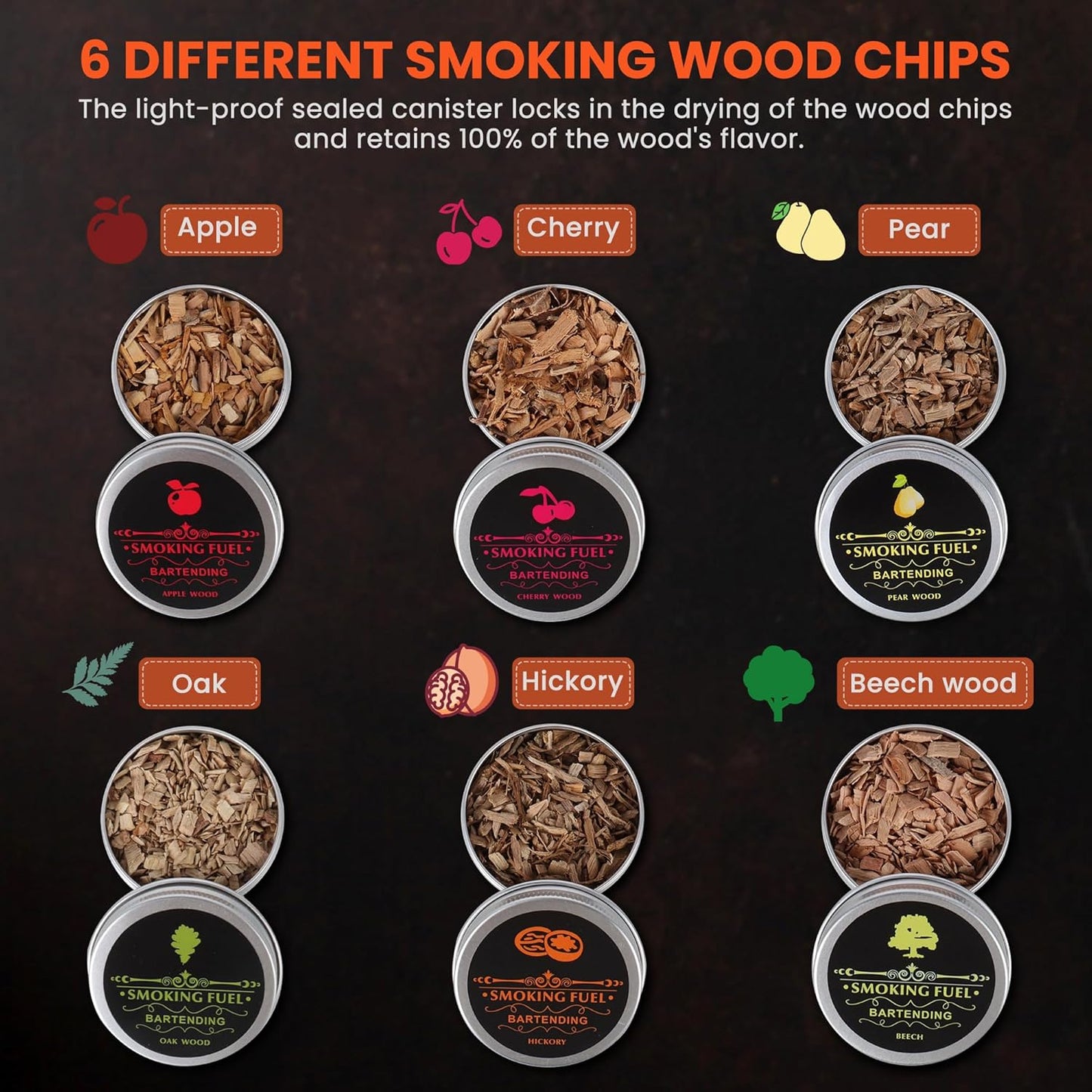 Cocktail Smoker Kit with Torch, 6 Flavors Wood Chips for Whiskey and Bourbon, Old Fashioned Smoker Kit for Infused Cocktail, Cheese, Salad and Meats, Gifts for Men, Dad and Boyfriend (No Butane)