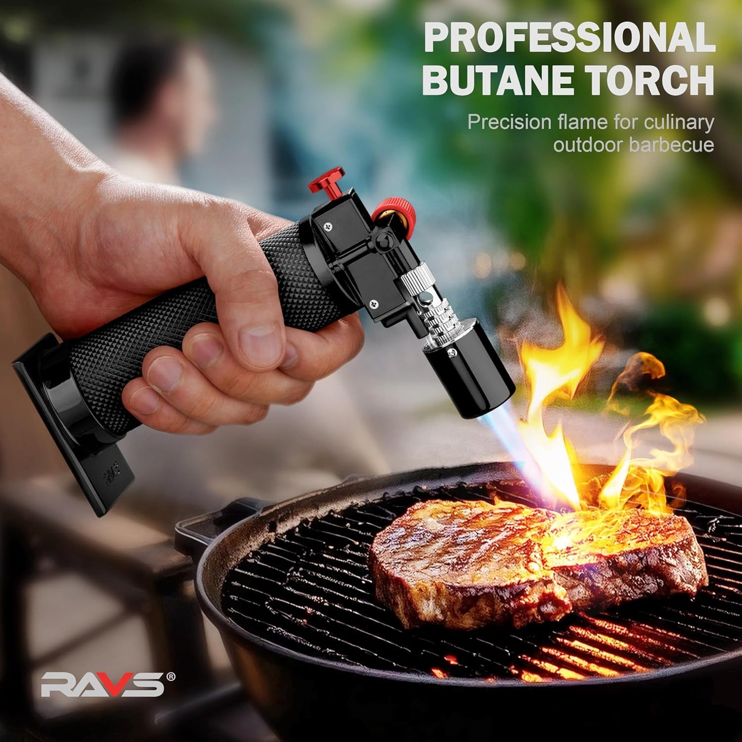 RAVS Butane torch, Kitchen Torch Lighter with Adjustable Flame & Safety Buckle, Creme Brulee Torch for Cooking, Dessert, Baking, Gifts for Men and Women (Black/Red), Butane Gas Not Included