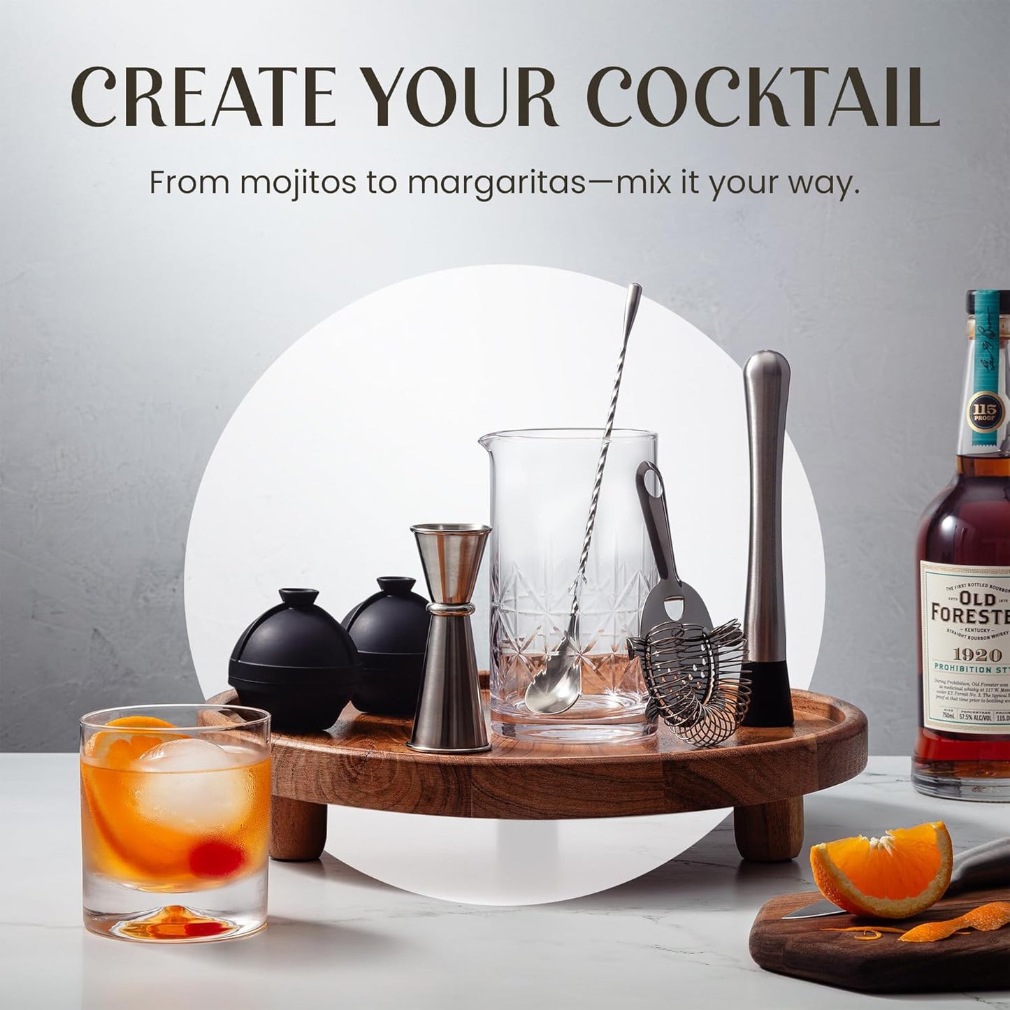Mixology & Craft Commercial Grade Bar Mixing Glass – Includes 24oz Crystal Stirring Glass, Japanese Jigger, Bar Spoon, Muddler, and Hawthorne Strainer for Crafting Old Fashioned Cocktails at Home Bars