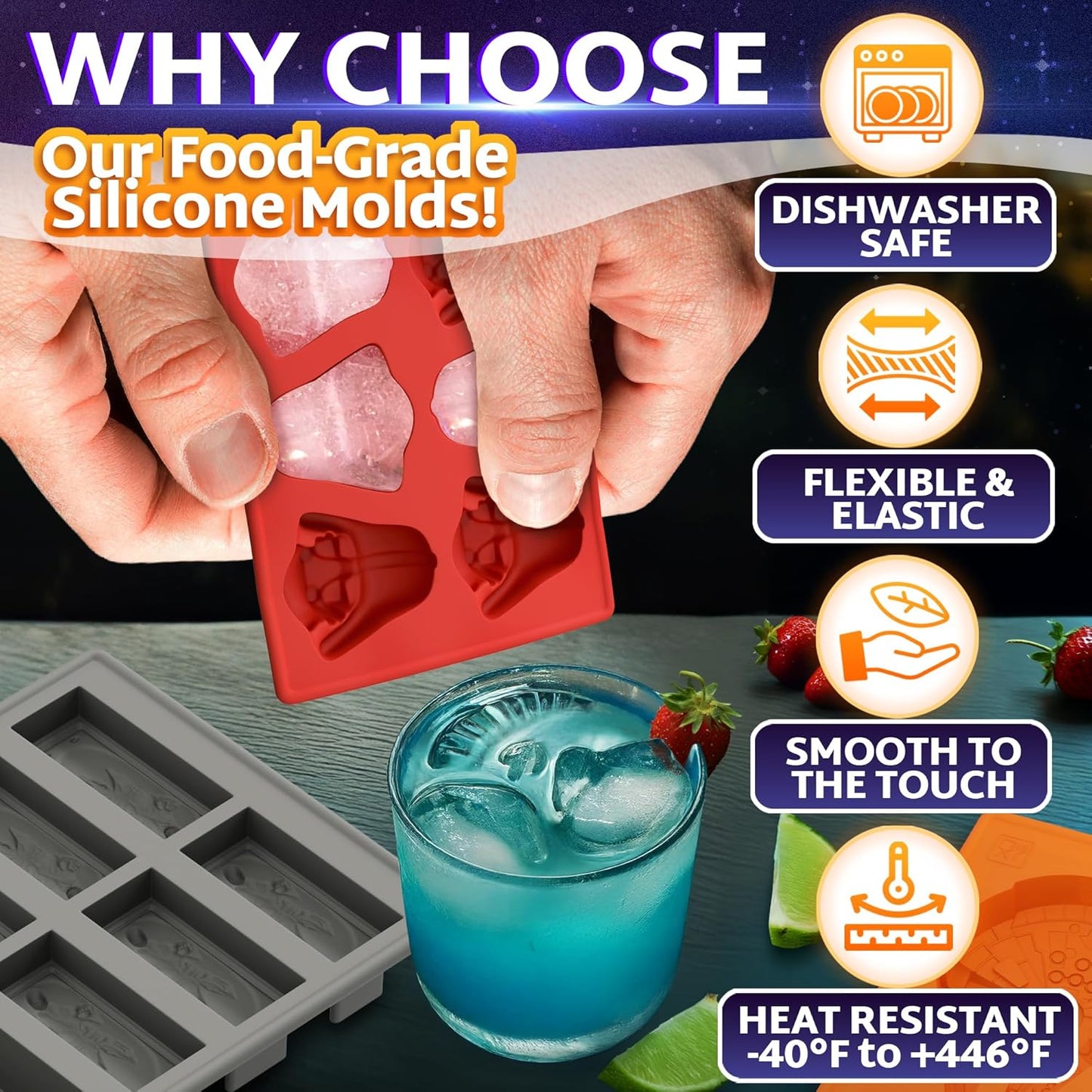 8-Piece Sci-Fi Silicone Molds Set - Flexible Space Ice Cube Trays for Easter Brunch and Patio Drinks, Candy, Chocolate, Gelatin | Nonstick Reusable, Dishwasher Safe, Hot & Cold Temperatures Resistant