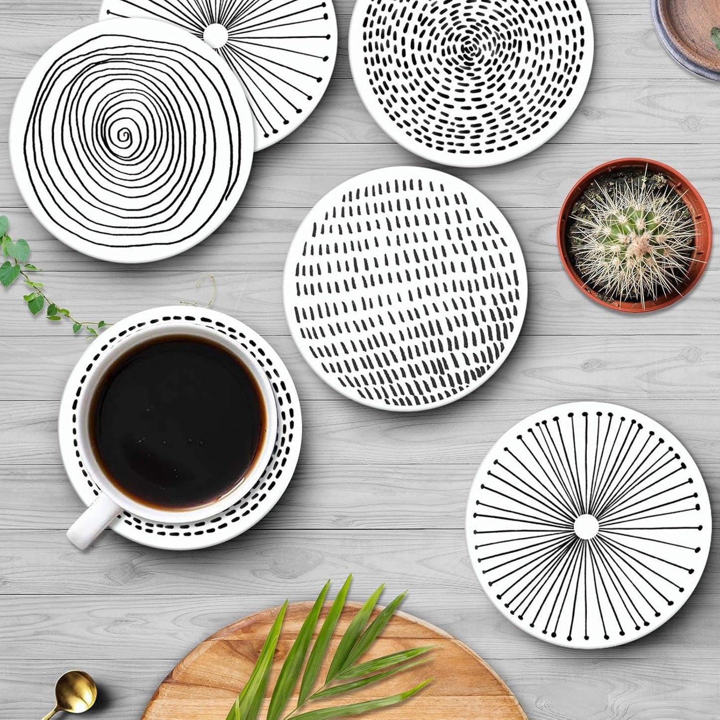 Coaster for Drinks Set of 6, Black White Geometry Absorbent Round Ceramic Stone Mat, with Cork Base and Metal Holder, Gift for Housewarming Room Bar Decor