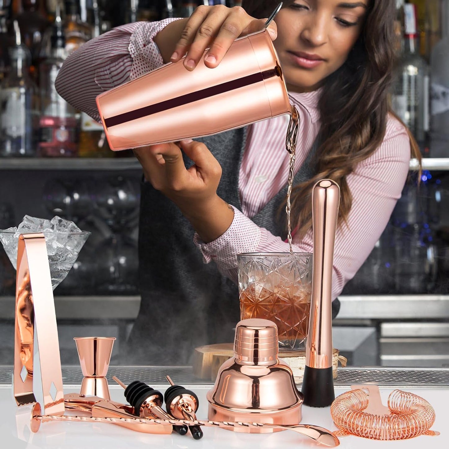 Rose Gold Cocktail Shaker Set, Premium 18/8 Stainless Steel Mixology Bartender Kit with Stylish Bamboo Stand 10-Piece Bar Tools & Accessories for Home Decor - Gift for Women, Mom, Wedding