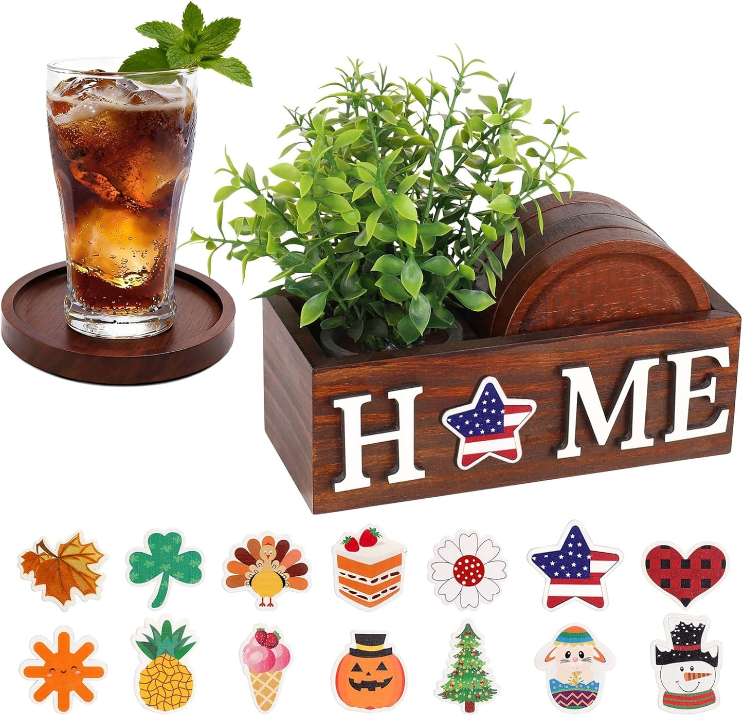 4 Pcs Wood Coasters for Drinks with Holder, Interchangeable Home Sign Green Plants Potted Wooden Coaster Set, for Farmhouse Office Bar Drink Coffee Coasters Table Decor.