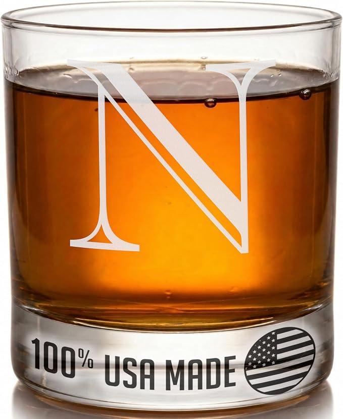 Etched Monogram 11oz Whiskey Rocks Glass (Letter J), A-Z Customized Bourbon Gifts for Men, Father’s Day, Personalized Old Fashioned Scotch Glass, Custom Engraved Gifts for Him, Initial, Name - Clear Etch N