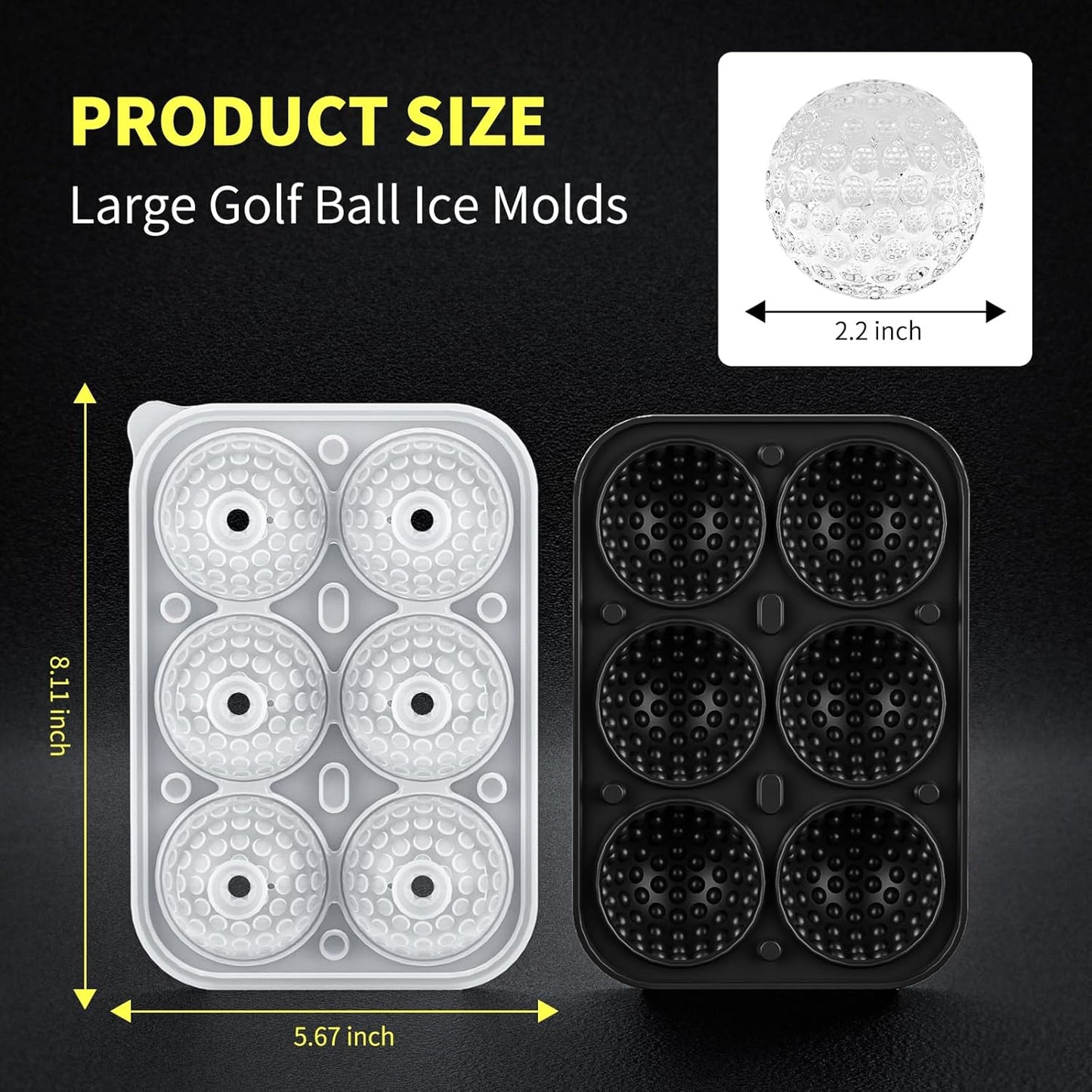 6 Chamber 2.2" 3D Golf Gifts Ice Cube Tray With Funnel,Large Round Ice Ball Maker Mold Silicone Fun Shapes Bourbon Sphere Ice Molds,For Chilling Whiskey,Cocktails,Bourbon,Brandy and Beverages