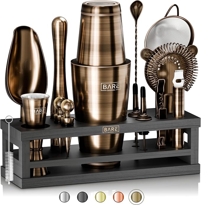 BARE BARREL® Mixology Bartender Kit Bar Set | 16-Piece Cocktail Shaker Set | Martini Barware Mixing Tools for Home Bartending | Incl. 35 Recipe Cards | Gift Set (28oz Boston Shaker, Silver/Natural) - Brass/Black