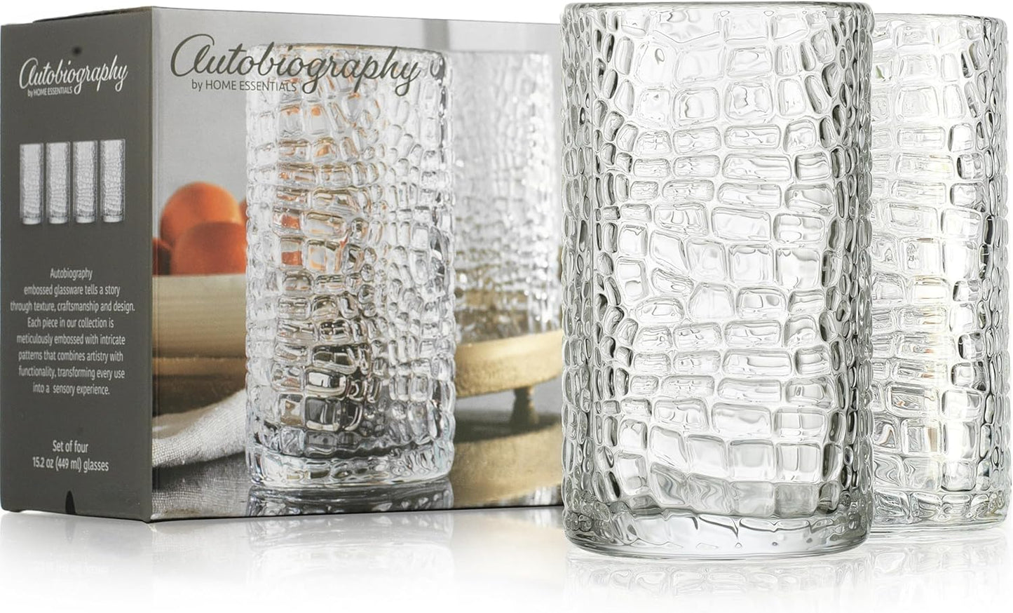 Glaver's Highball Drinking Glasses, Set of 4 Clear 15 Ounce Patent Crackle Design Textured Drinking Glasses Heavy Duty premium Glassware for Everyday Home, Bar use