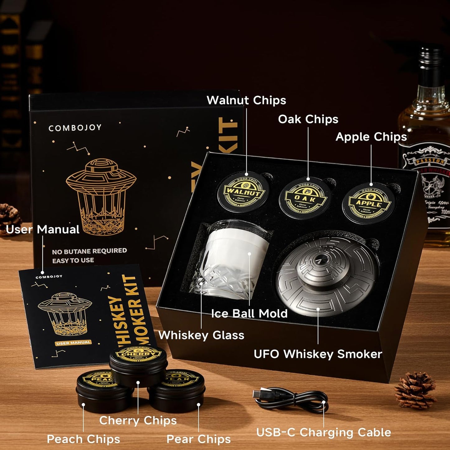 ComboJoy Electric Whiskey Smoker Kit with LED – 6 Flavors Wood Chips, Whiskey Glass & Ice Cube Mold – Rechargeable Cocktail Smoker, Old Fashioned Bourbon Gifts for Men, Dad, Husband -Grey