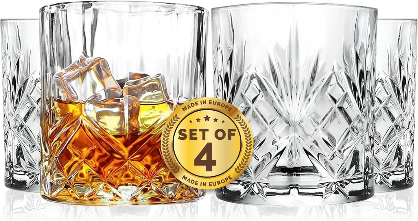 Barski Whiskey Glasses - Double Old Fashioned Rocks Glass - Set of 4 Lowball Tumbler - DOF Crystal Glass Tumblers - For Scotch - Bourbon - Water - Beverage - Drinking Glasses - 10.5 oz, Made in Europe