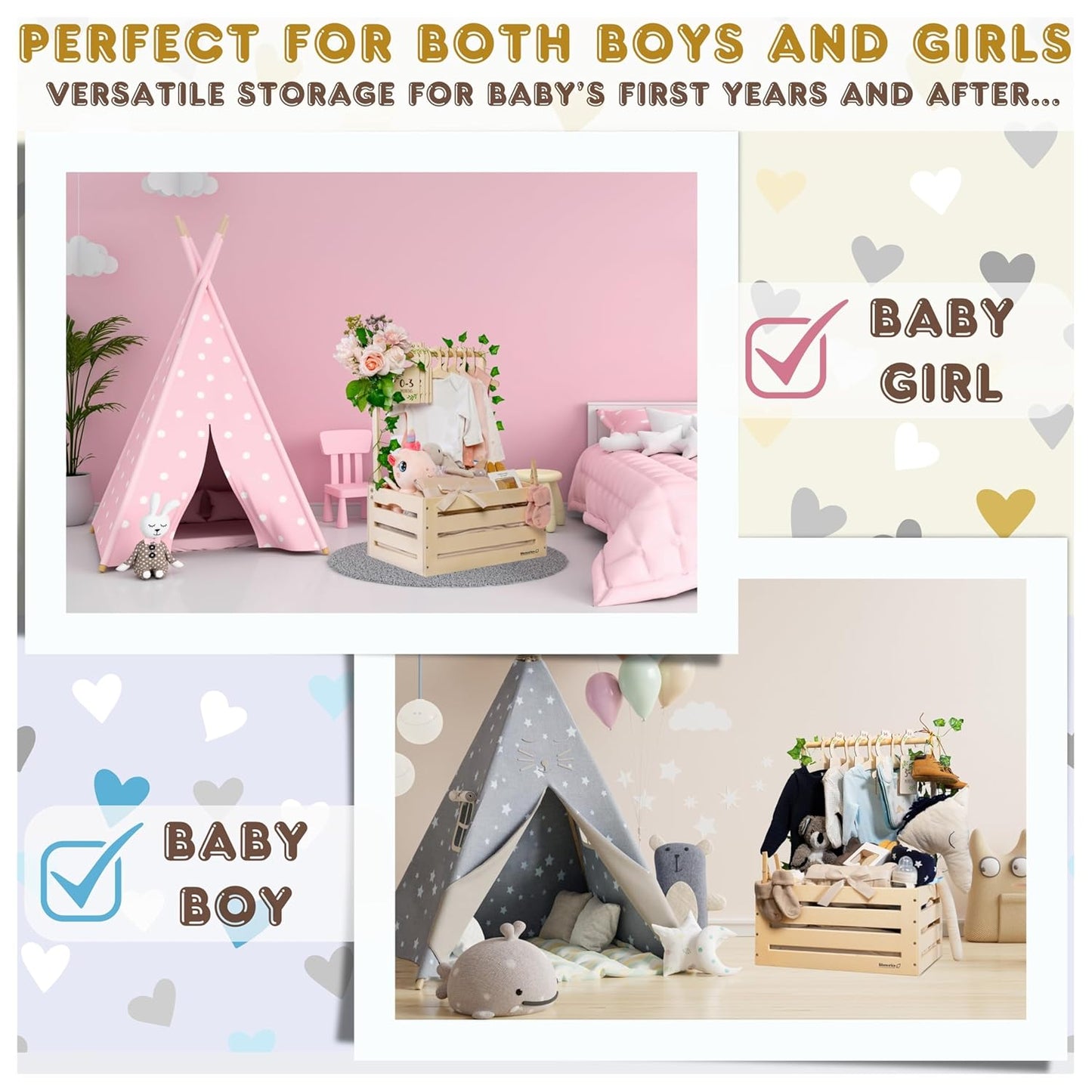 Wooden Baby Shower Crate Closet with Clothes Hangers & Dividers, Large Gift Basket for Boys & Girls, Wood Box Storage & Display with Handles & Ivy Garland, Welcome Gifts for New Parents.