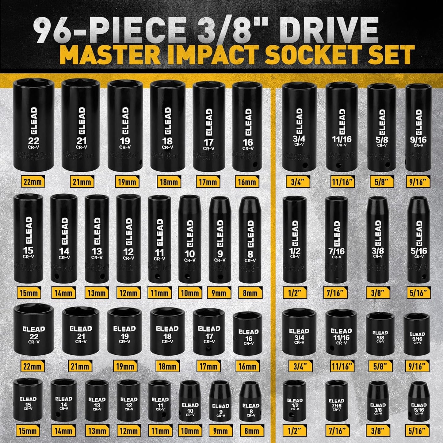 96-Piece 3/8" Drive Impact Socket Set, SAE(5/16 to 3/4-Inch) & Metric(8-22mm), Standard & Deep Sockets, Ratchet Handle, Bit Set, Universal Joint, Extension Bar, Adapters, Spark Plug Sockets