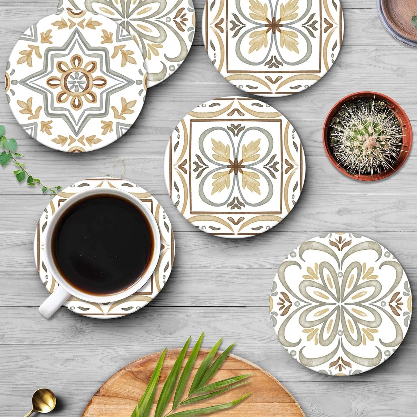 Coaster for Drinks Set of 6, Ceramic Gray Moroccan Talavera Absorbent Round Ceramic Stone Mat, with Cork Base and Metal Holder, Gift for Housewarming Room Bar Decor