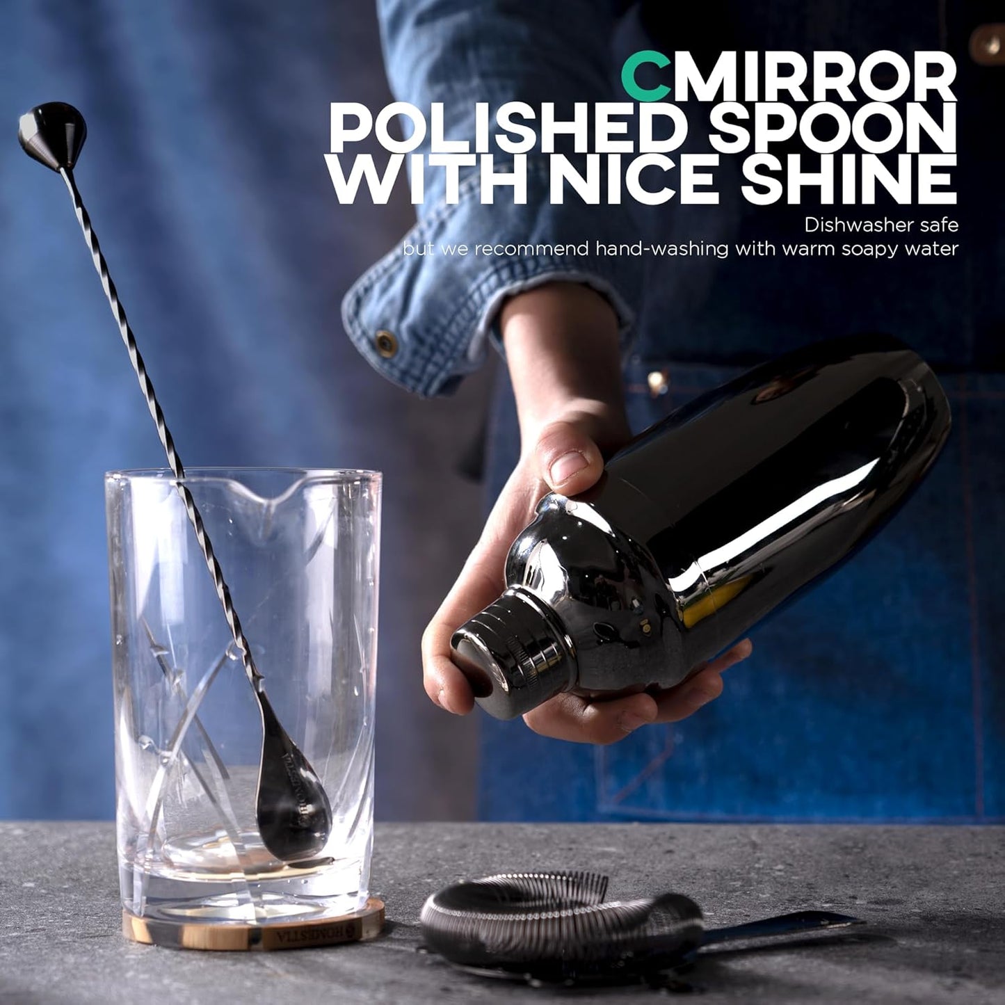 Homestia Bar Mixing Spoon, Muddler 12 Inch (30cm) Bar Spoon with Muddler Tip Cocktail Stirrer - Plated Stainless Steel Cocktail Mixing Spoons for Professionals Stirring (Black)