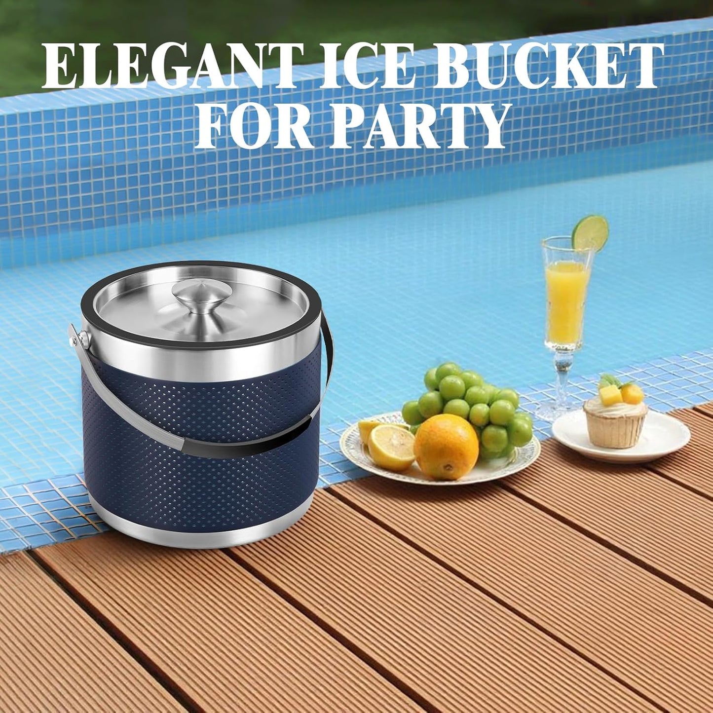 3Quart/3.2L Insulated Stainless Steel Ice Bucket with Lid, Scoop, Leather Design Double Wall Wine Bucket for Cocktail Bar, Parties (Dark Blue)