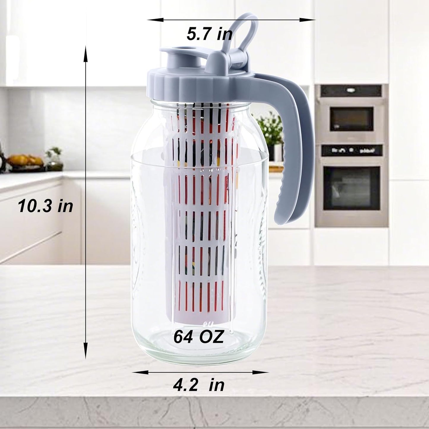 Mason Jar Pitcher With Fruit Infuser 2 Quart Water Pitcher With Pour Spout Lid 64 OZ Wide Mouth Glass Carafe Airtight For Milk, Fruit Infused Water, Iced Tea, Lemonade, Cocktail, Cold Brew Coffee