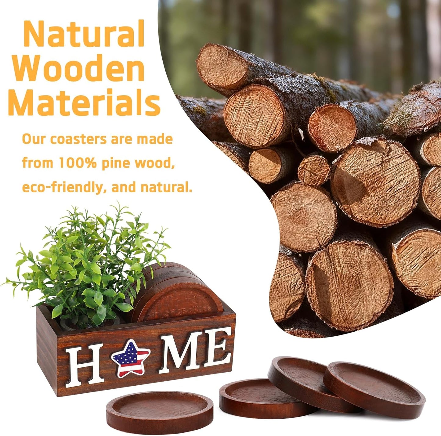 4 Pcs Wood Coasters for Drinks with Holder, Interchangeable Home Sign Green Plants Potted Wooden Coaster Set, for Farmhouse Office Bar Drink Coffee Coasters Table Decor.
