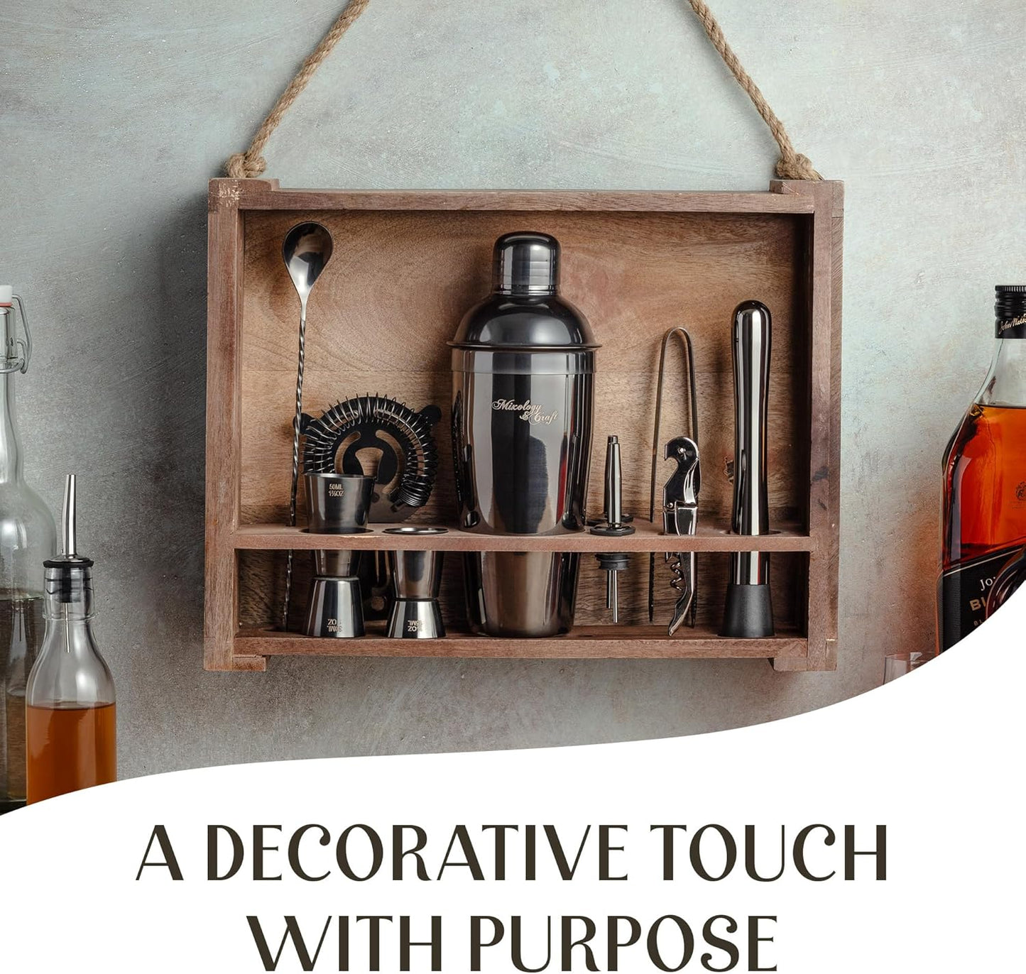 Mixology & Craft Rustic Cocktail Shaker Set – Includes Wood Stand, Complete Barware Kit with 24 Oz Shaker, Dual Jiggers, Pourers, Muddler, Strainer – Perfect for Home Bartenders (Gun-Metal Black)