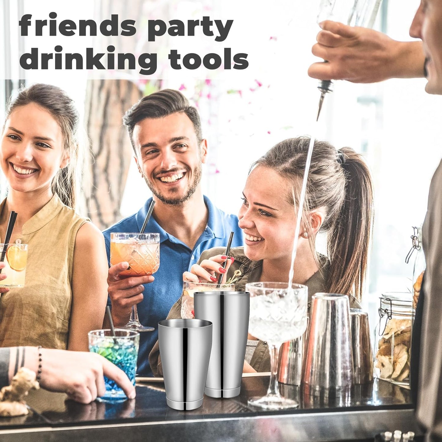 Dandat 16 Pcs Cocktail Shaker Boston Cocktail Shaker Set, Stainless Steel Martini Drink Shakers Bartending, 18 Oz & 28 Oz Bar Professional Shake Mixer Tin Tools for Bartender Cocktails (Silver)
