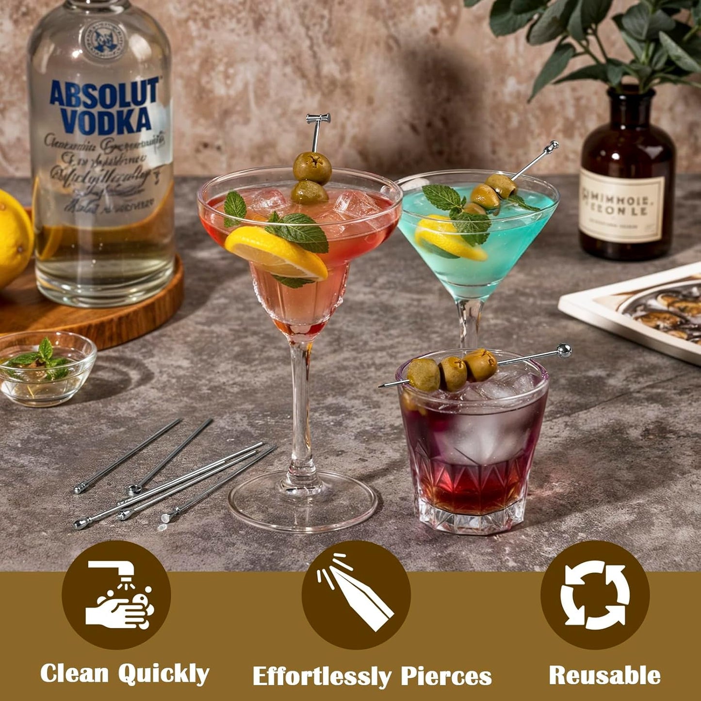 Metal Martini Cocktail Picks, Olive Skewers 4.2 inch, Stainless Steel Drinks Garnish Sticks, Reusable Toothpicks for Appetizers, Gift for Mother, Home Bar Accessories for Bartender - 9 Pcs
