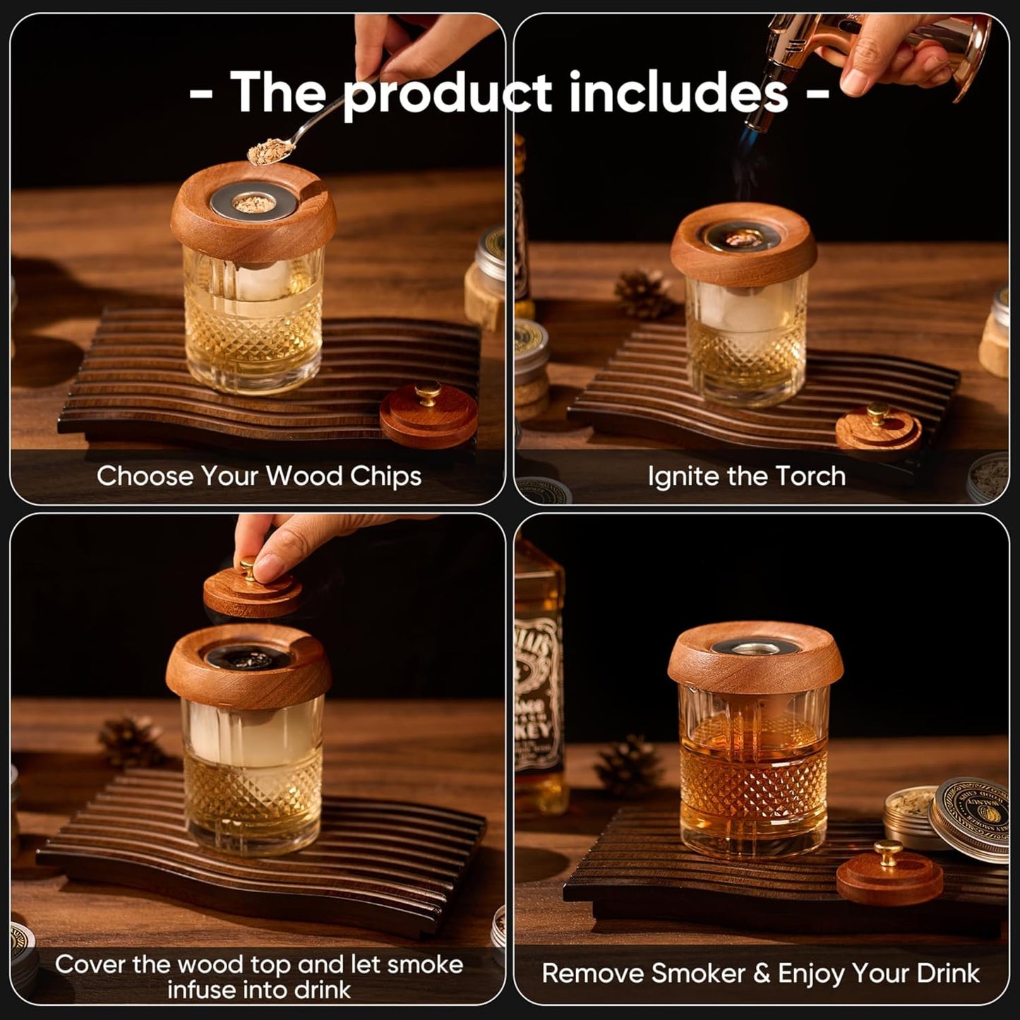 Whiskey Smoker Kit with Torch, 6 Wood Chip Flavors, 2 Heavy Whiskey Glasses, 2 Ice Ball Molds, Cocktail Smoker Kit for Old Fashioned, Bourbon & Drinks, Gift Set for Men, Father (No Butane)