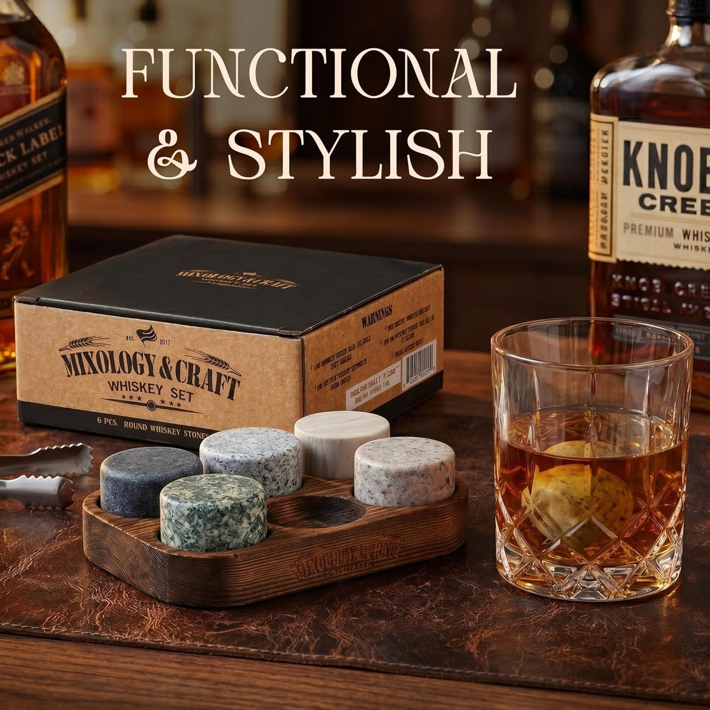 Mixology & Craft Whiskey Stones Set - 6 Circular Granite Bourbon Chilling Rocks - Great Whiskey Gifts for Men, Fathers, Groomsmen Gifts