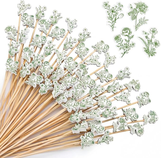 Bokon 200 Pcs Tea Party Theme Cocktail Picks Bamboo Teapot Toothpick - Vintage Floral / Green