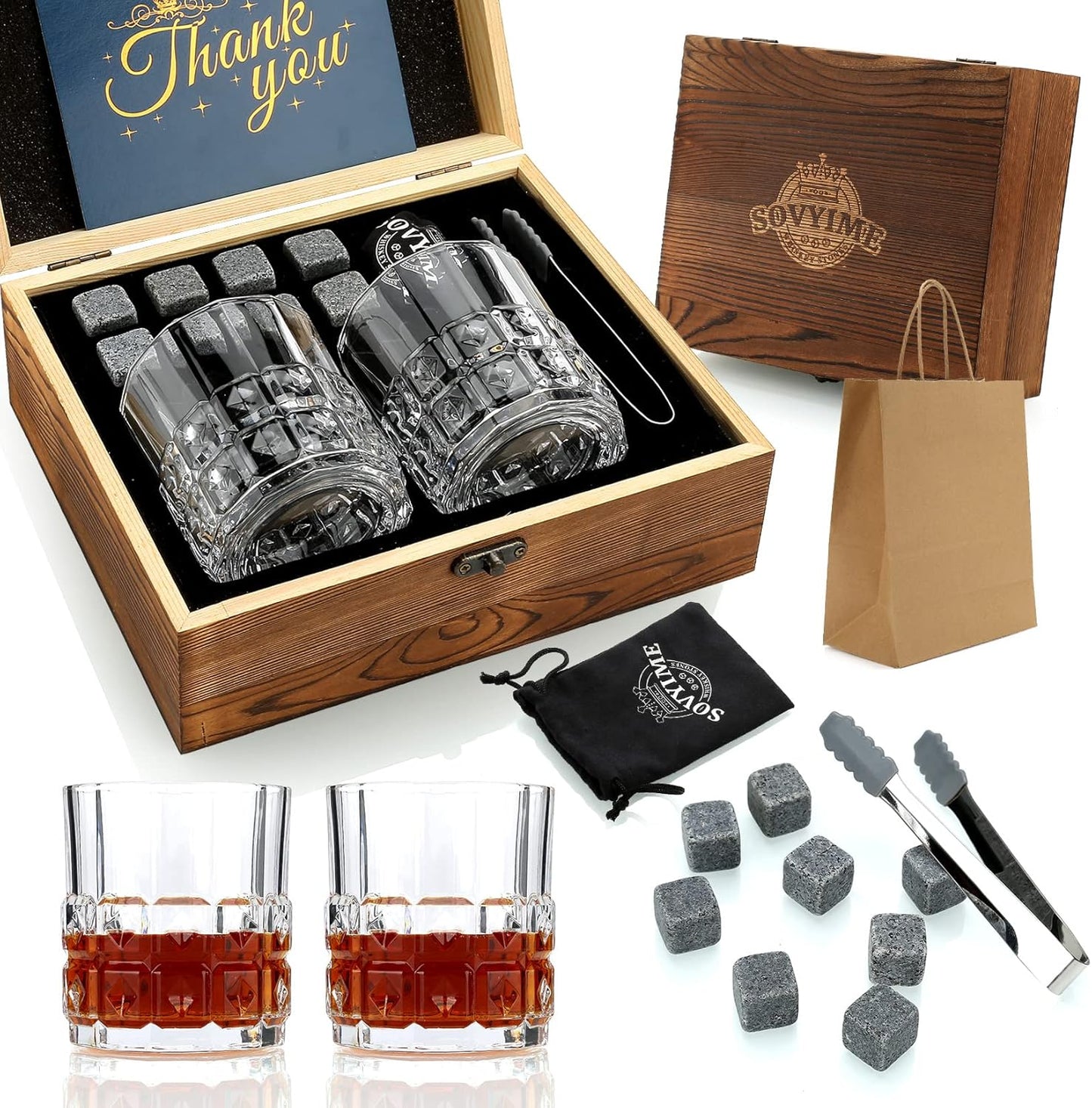 Whiskey Gifts for Men, Whiskey Glasses Set of 2, Granite Chilling Whiskey Stones, Bourbon Gifts for Men, Unique Giftss for Mens Birthday Christmas Father's Day Valentine Retirement Groomsmen